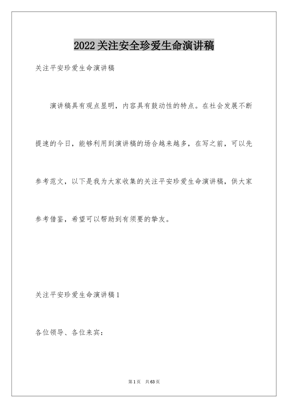 2024关注安全珍爱生命演讲稿_192_第1页