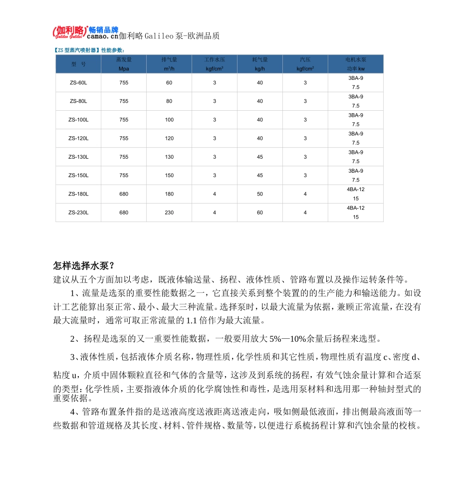 ZS型蒸汽喷射器性能参数_第1页