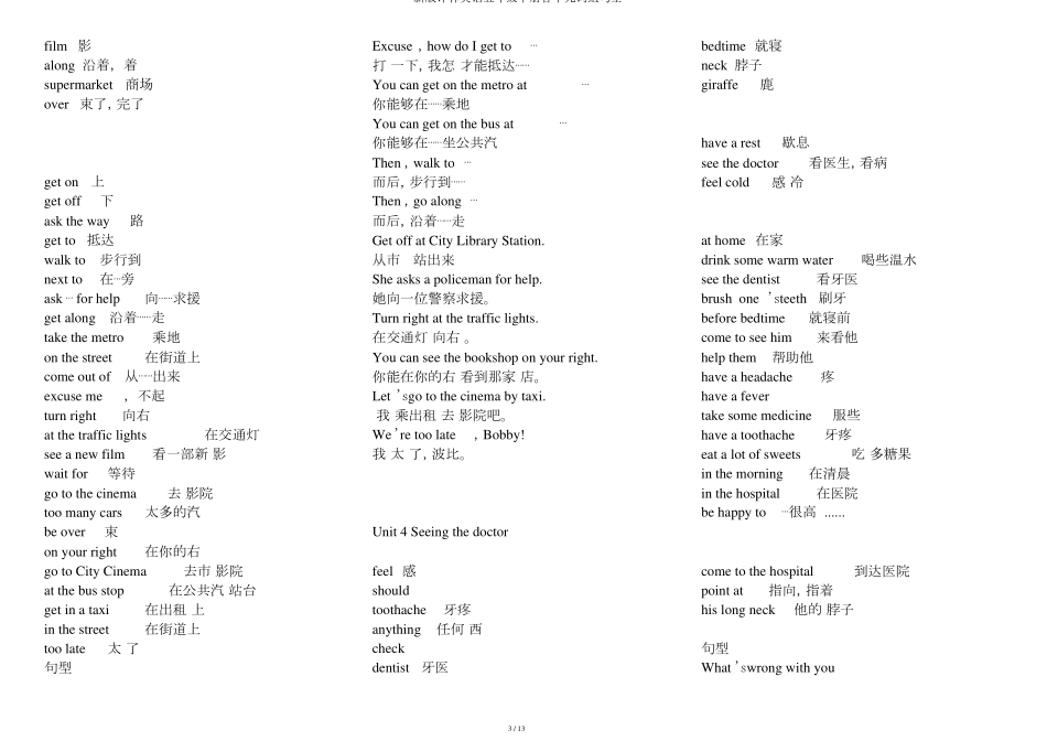 新版译林英语五年级下册各单元词组句型_第3页