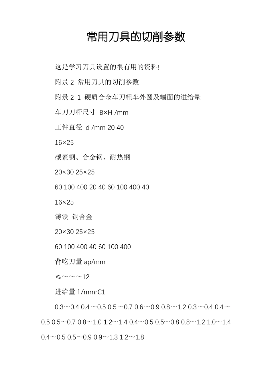 常用刀具的切削参数_第1页