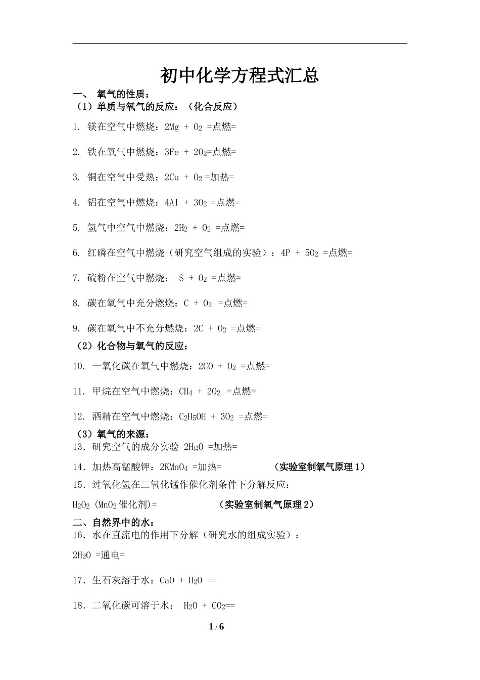 初中化学方程式总结(填空)_第1页
