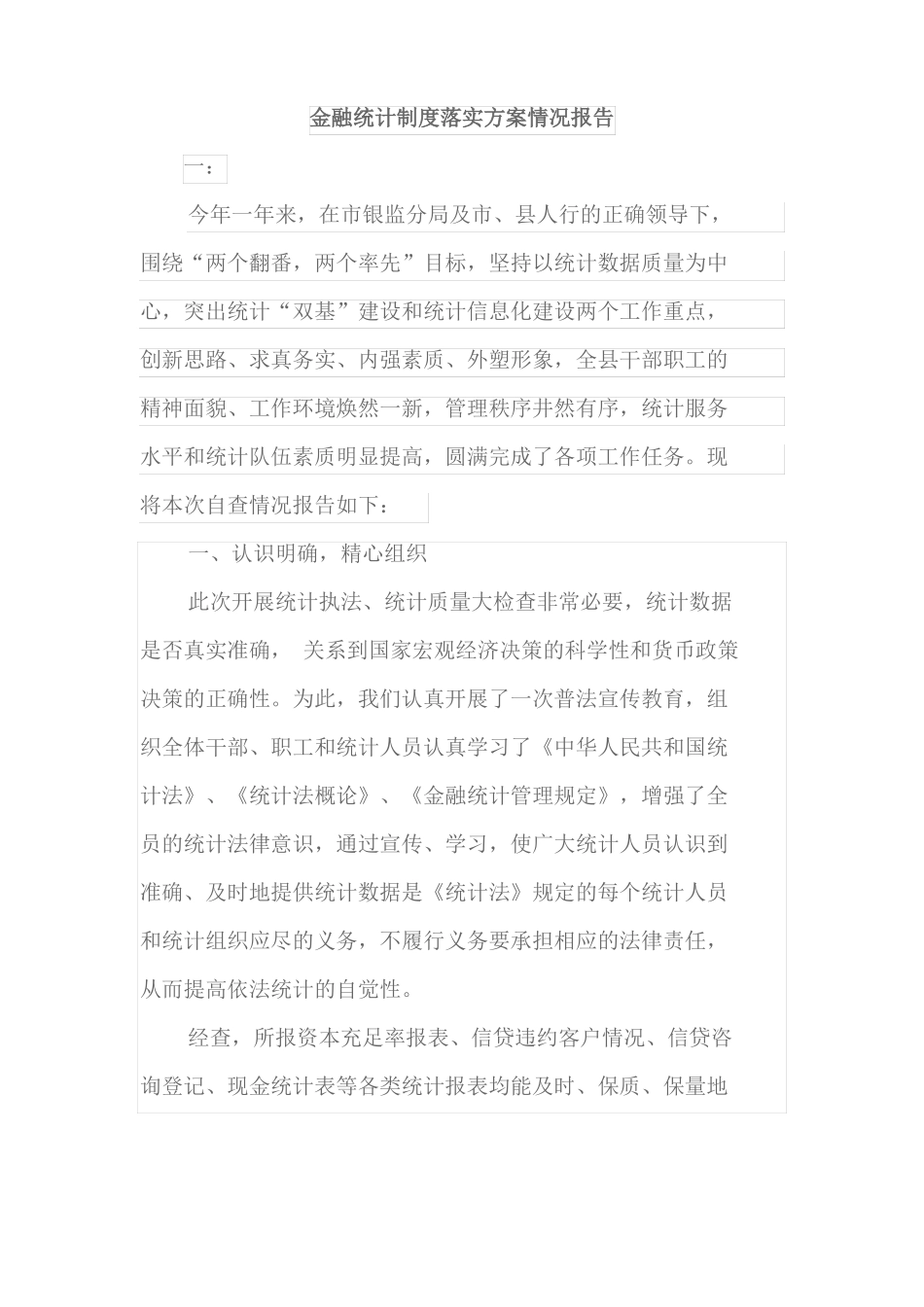 金融统计制度落实方案情况报告_第1页