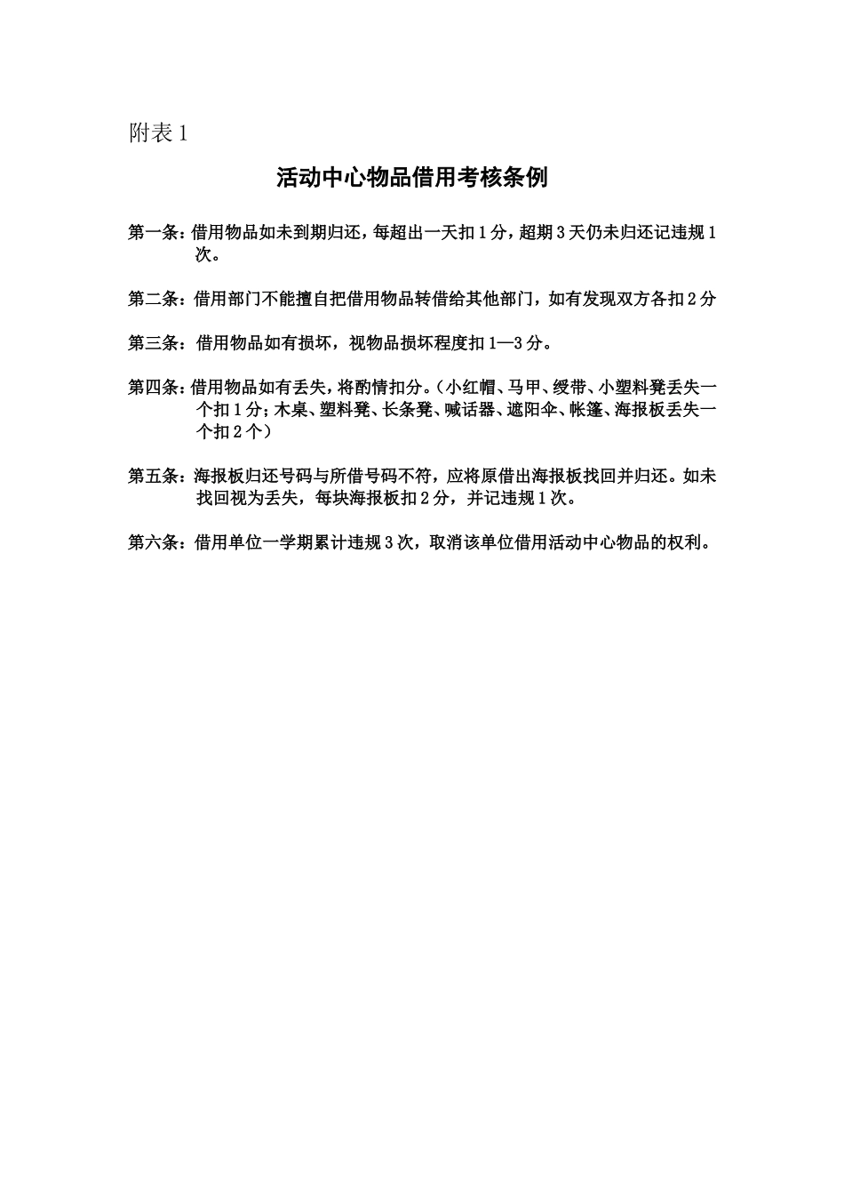 活动中心值班室物品借用条例以及相关表格_第2页