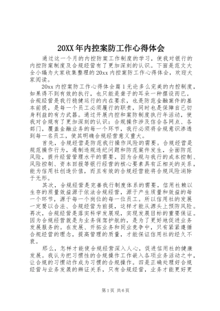 20XX年内控案防工作心得体会