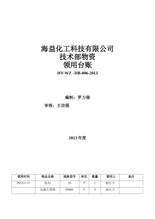 技术部备品备件领用台账