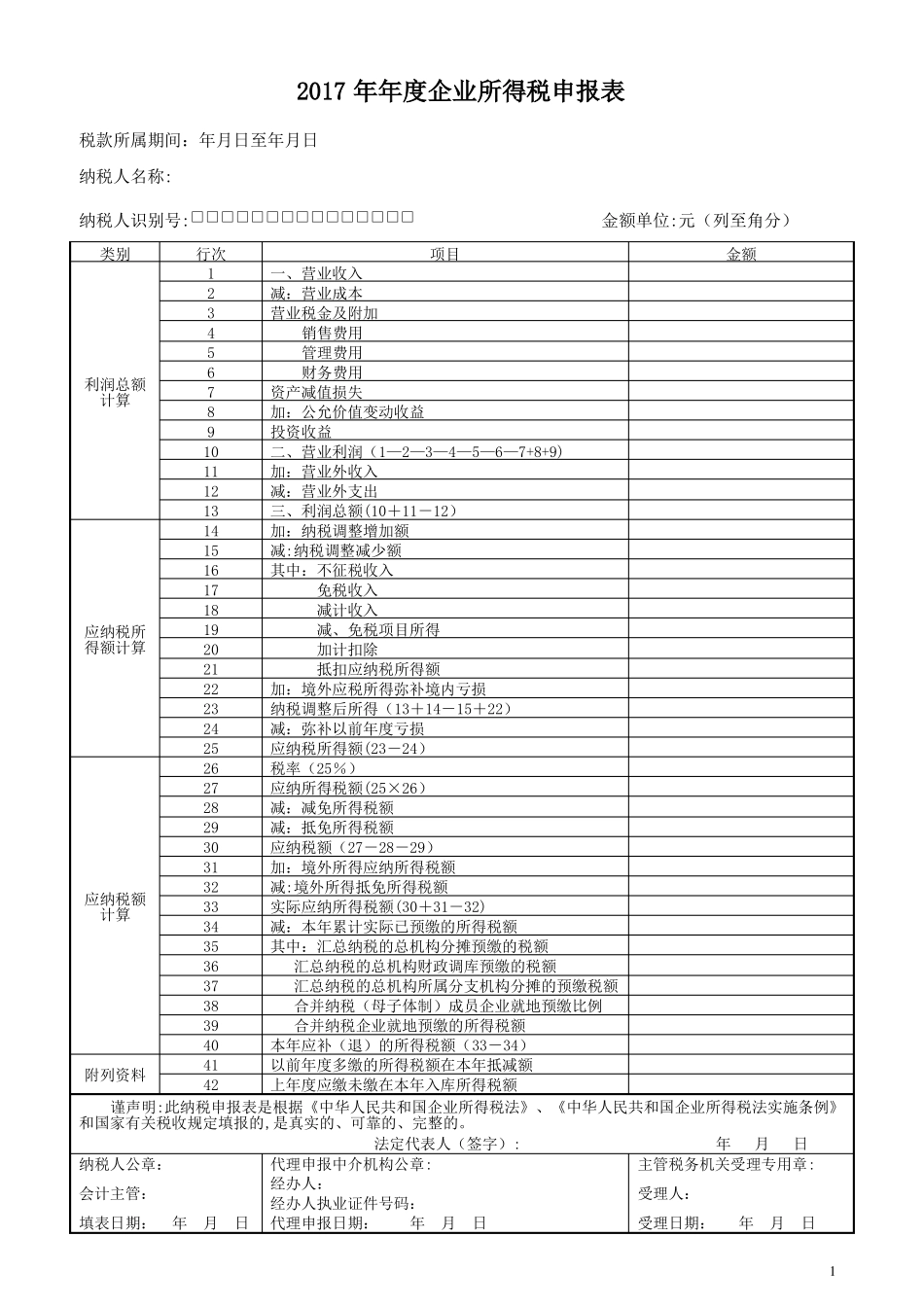 2017年企业所得税年申报表A类_第1页