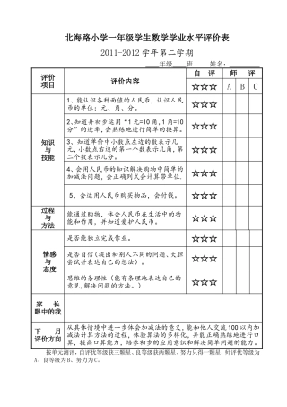 北海路小学一年级学生数学学业水平评价表