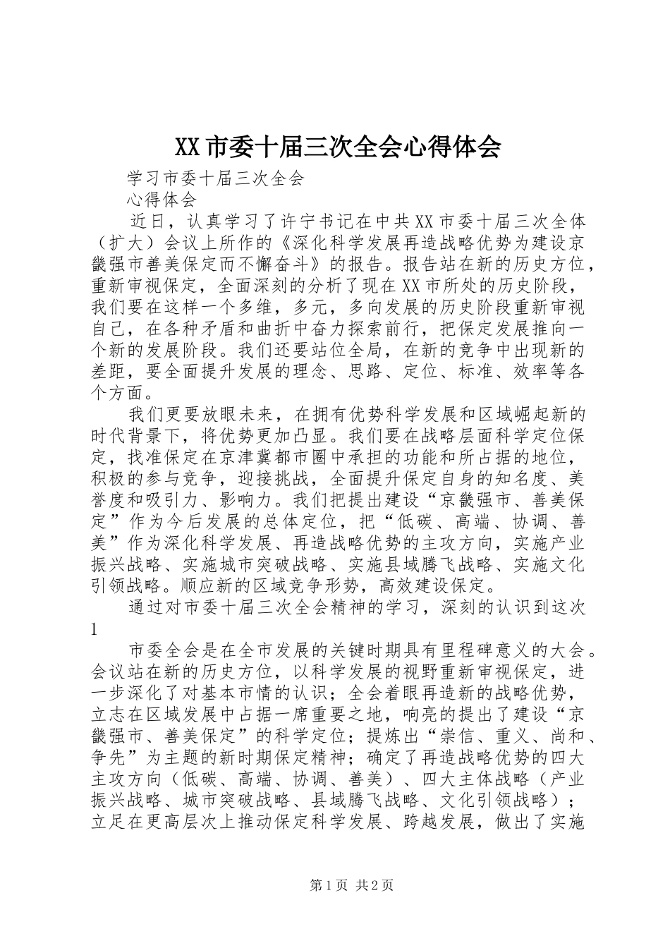 XX市委十届三次全会心得体会_第1页