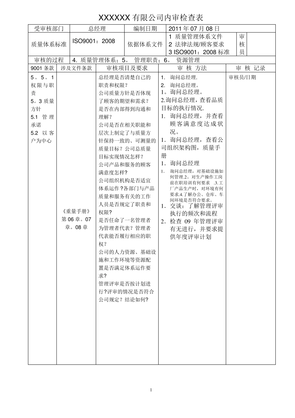 内审检查表90001质量管理体系范本_第1页