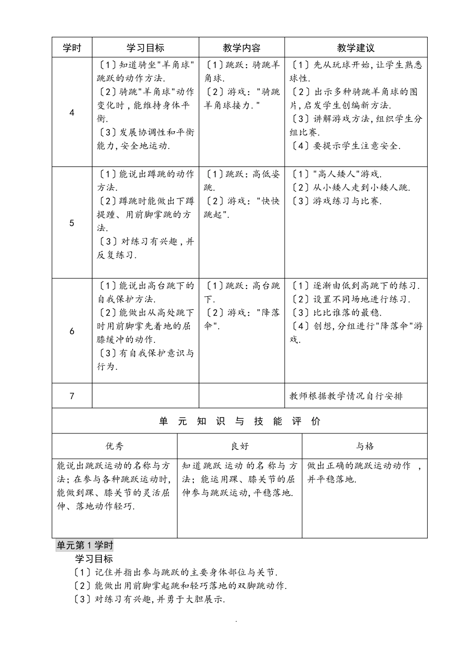 5一年级跳跃与游戏单元计划及各课时安排_第2页