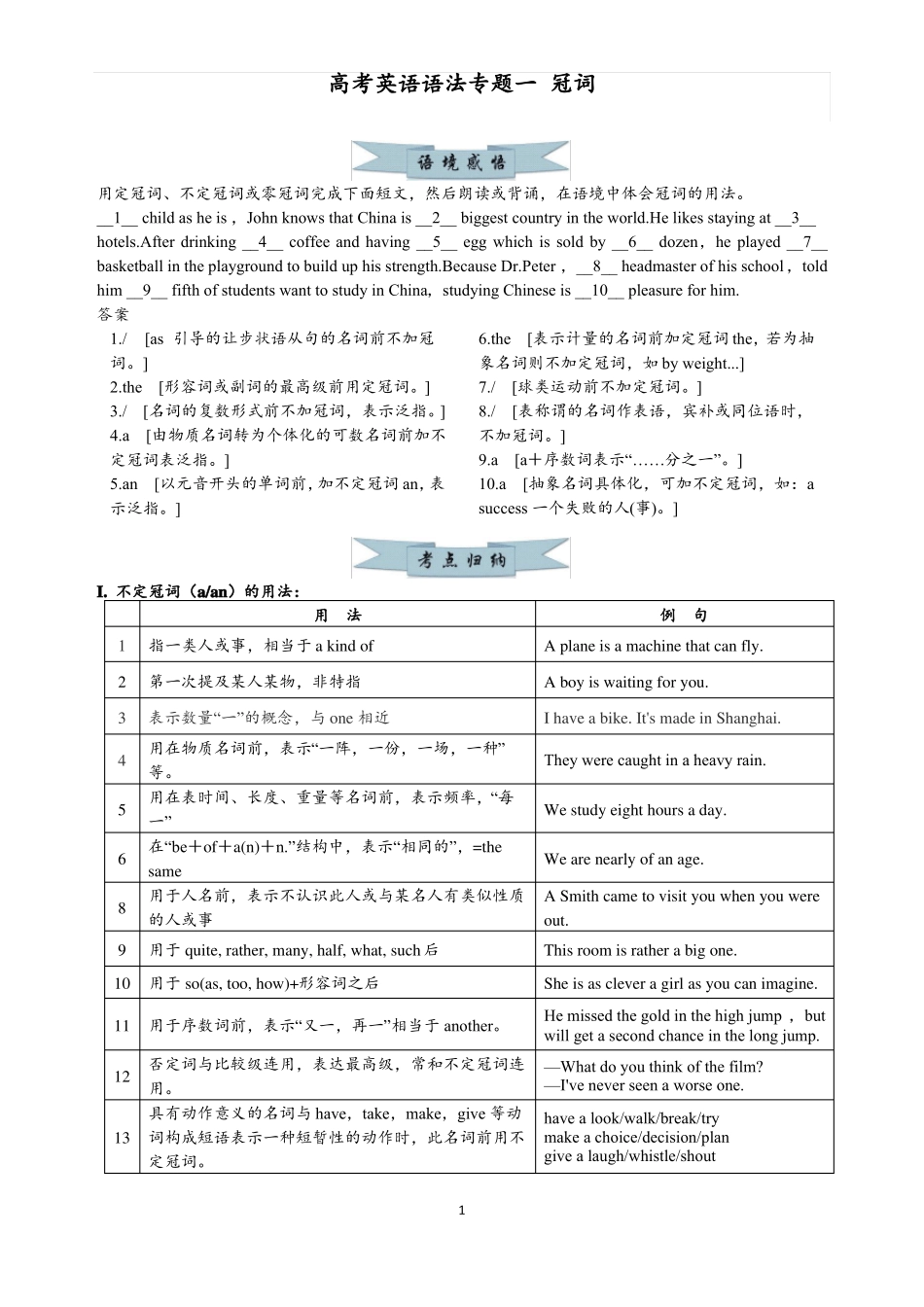 高考英语语法专题冠词表格梳理讲练结合_第1页