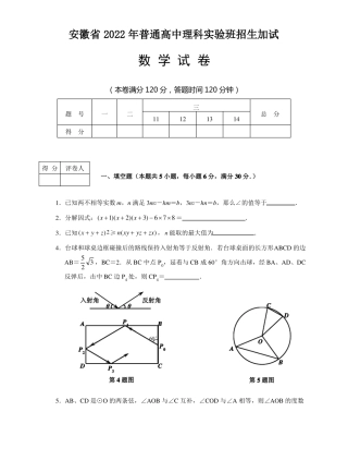 2022年安徽普通高中理科试验班招生考试数学模拟试题版有答案及评分标准