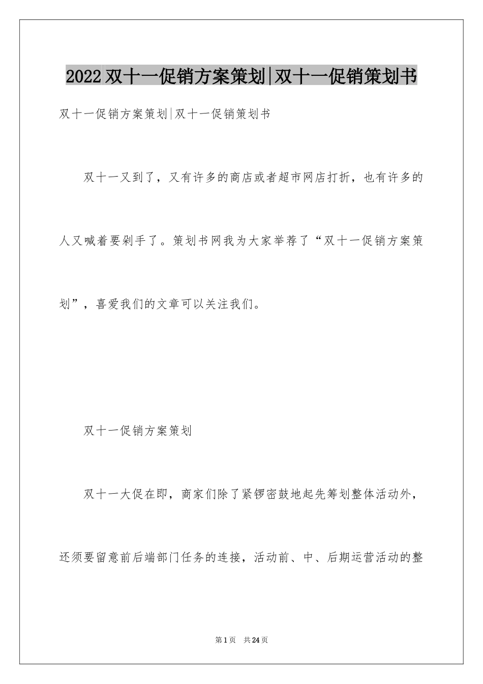 2024双十一促销方案策划-双十一促销策划书_第1页