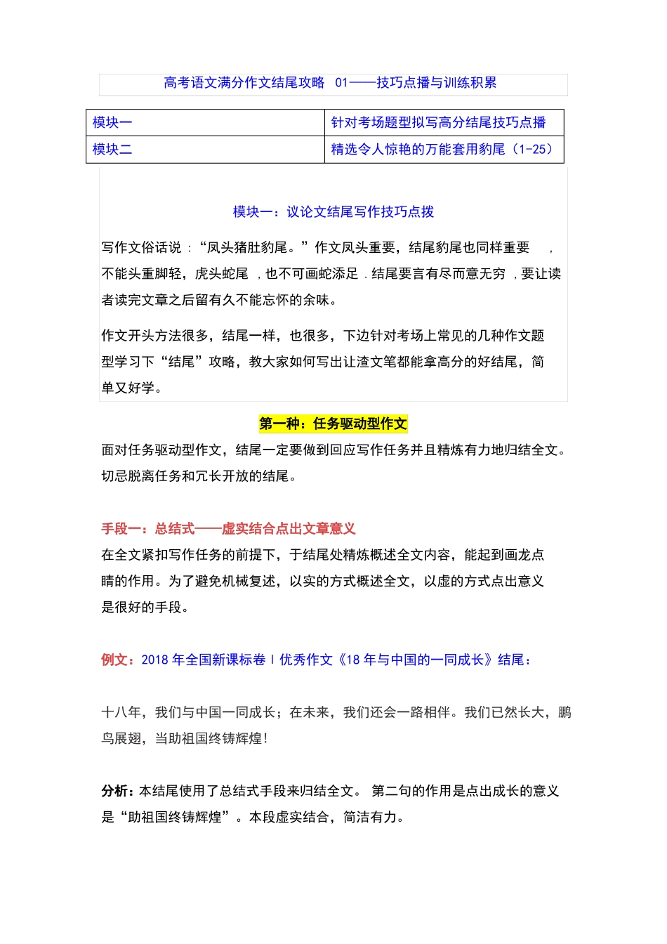 专题01结尾攻略之常见结尾技巧点播+训练积累-2022年高考语文作文冲满分必背万能模块_第1页