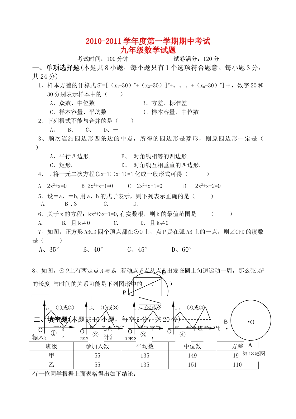 江苏省镇江市丹徒区2010–2011学九级数学第一学期期中考试试卷 _第1页
