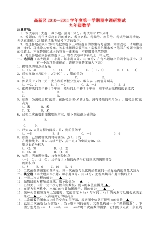 江苏省苏州市高新区20102011学九级数学第一学期期中调研测试 