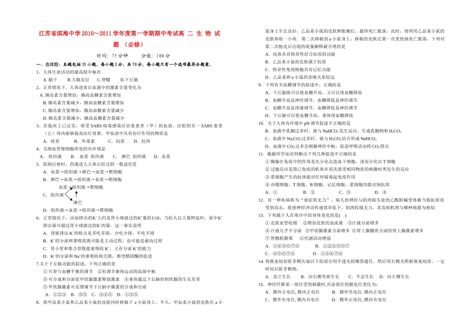 江苏省滨海1011高二生物第一学期期中考试 必修会员独享 _第1页