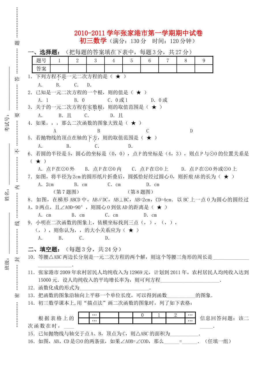 江苏省张家港市20102011九级数学第一学期期中试卷 _第1页