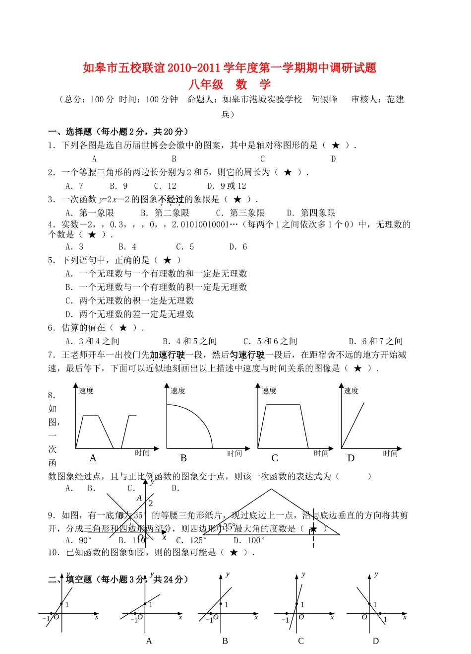 江苏省如皋市五校联谊20102011学第一学期期中调研试题八级数学 _第1页