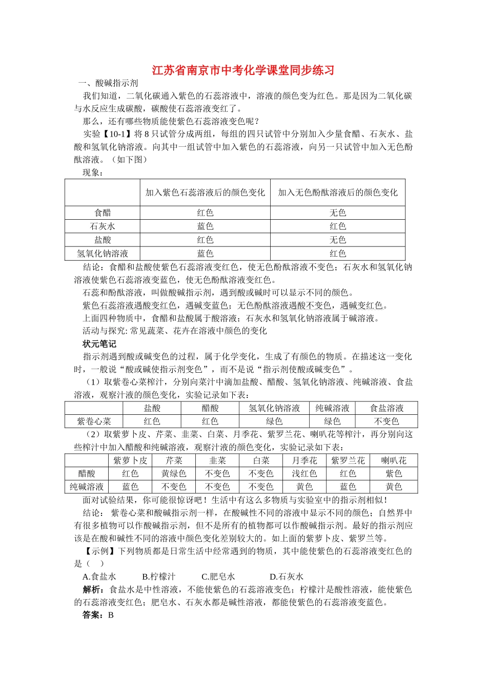 江苏省南京市中考化学 第十单元酸和碱课题1 常见的酸和碱同步学习 _第1页
