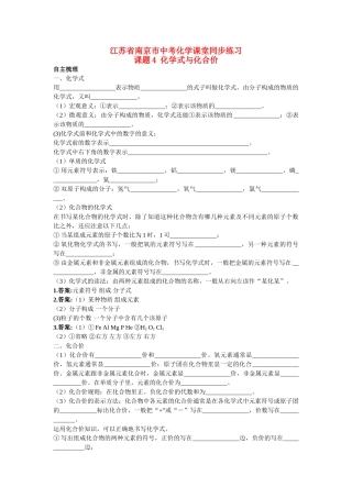 江苏省南京市中考化学 第四单元课题4 化学式与化合价同步学习 