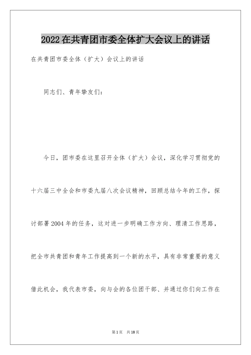 2024在共青团市委全体扩大会议上的讲话_第1页
