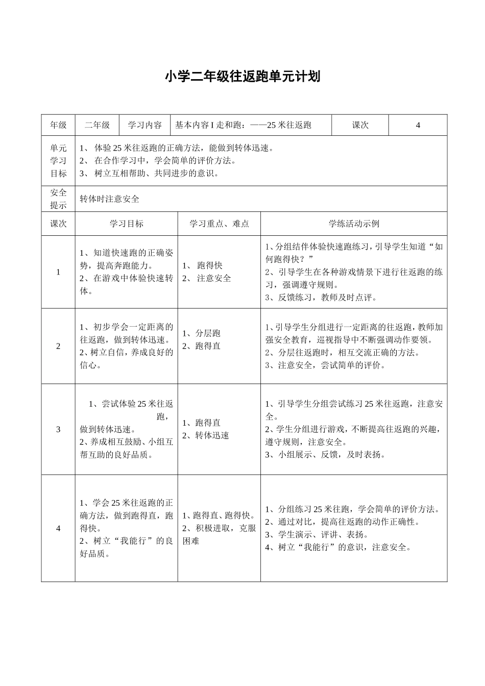 小学二年级往返跑单元计划_第1页