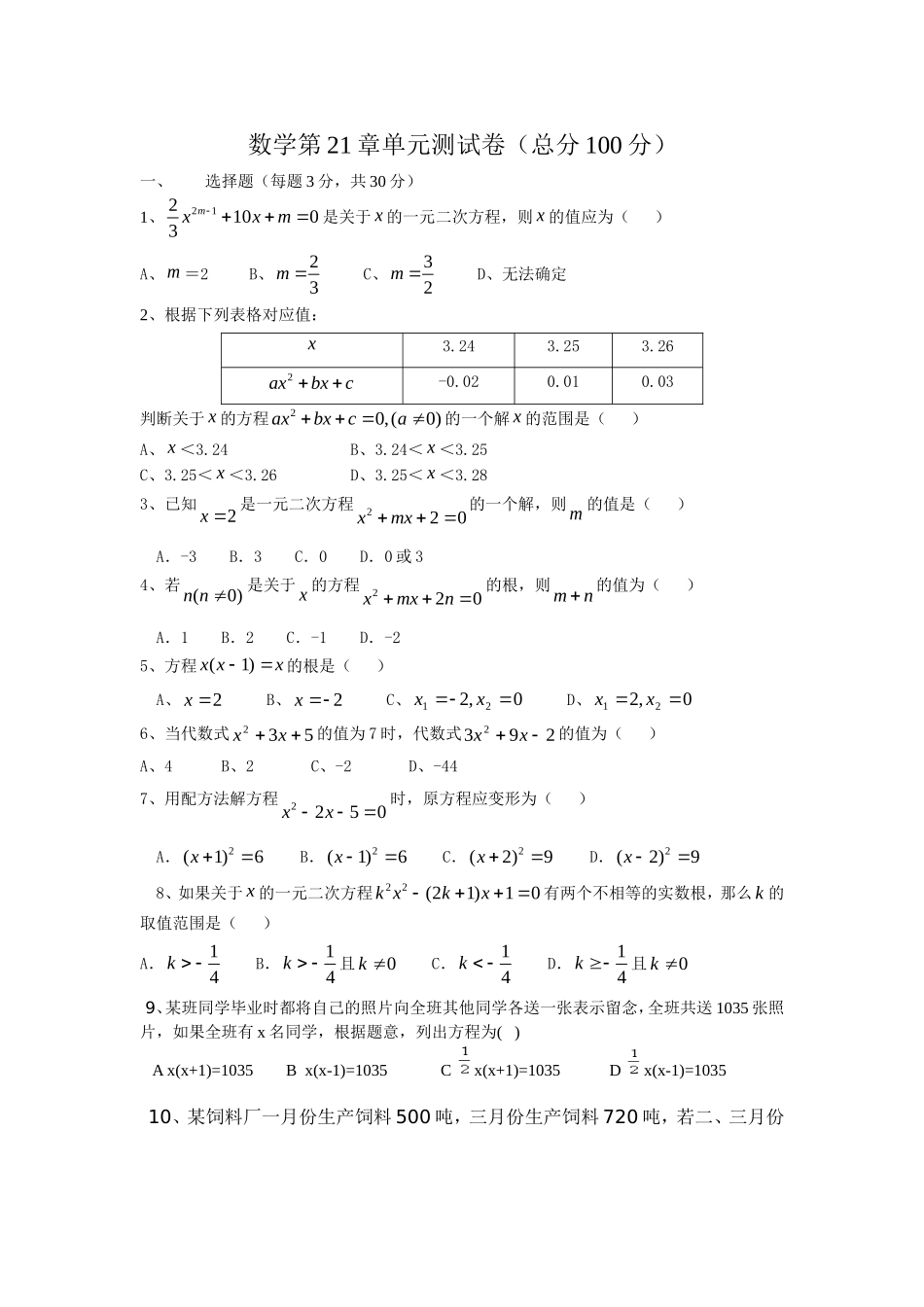 数学第21章单元测试卷_第1页