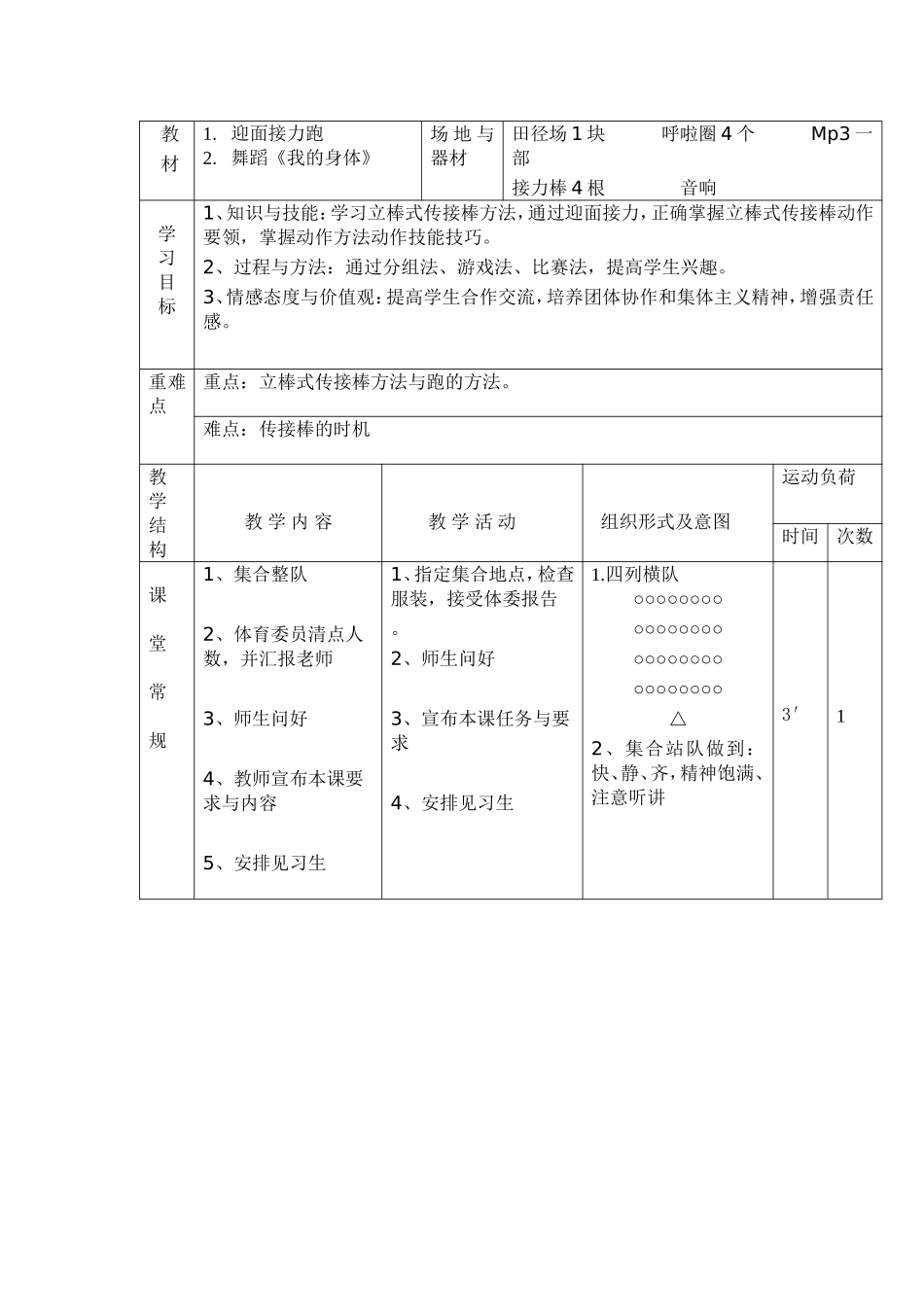 迎面接力跑教学设计(2)_第1页