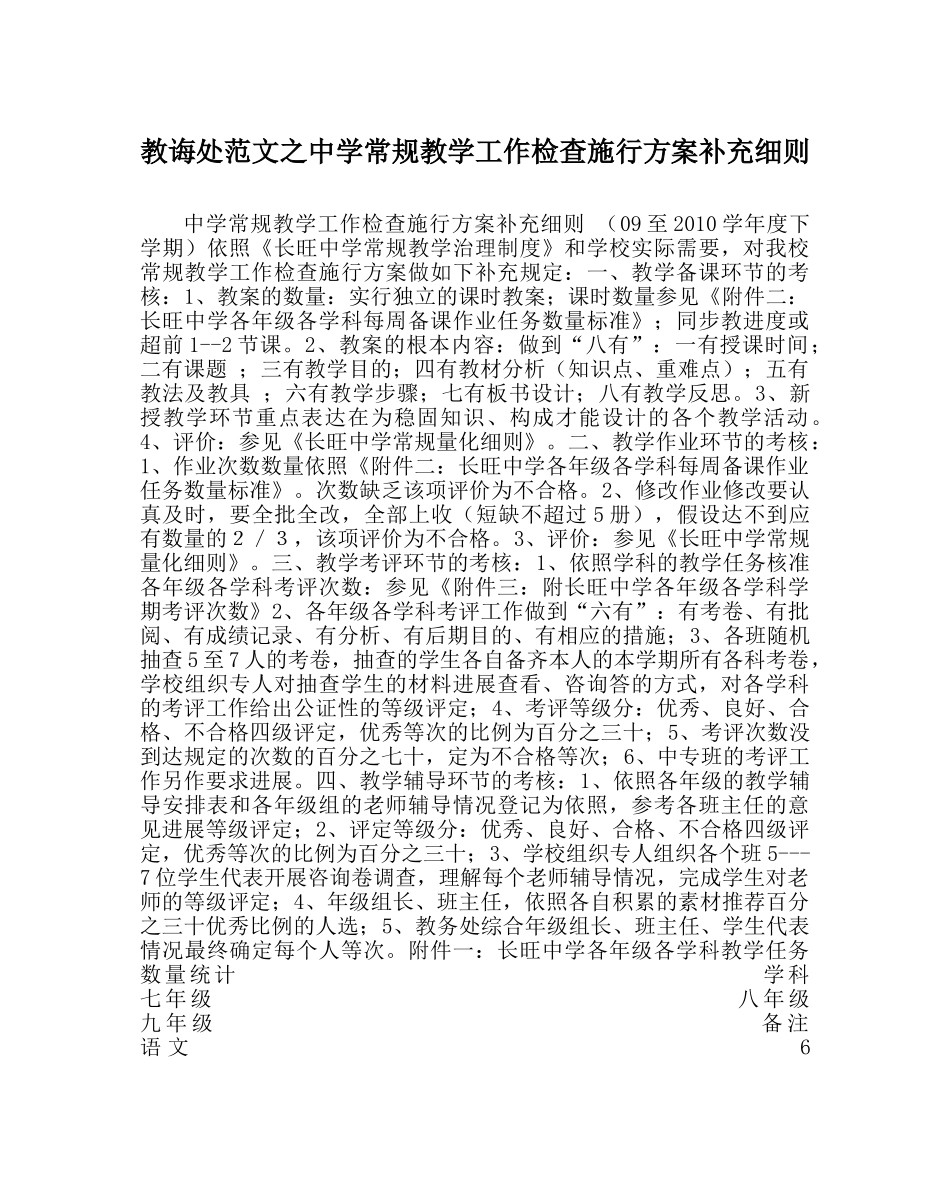 教导处范文常规教学工作检查实施方案补充细则 _第1页