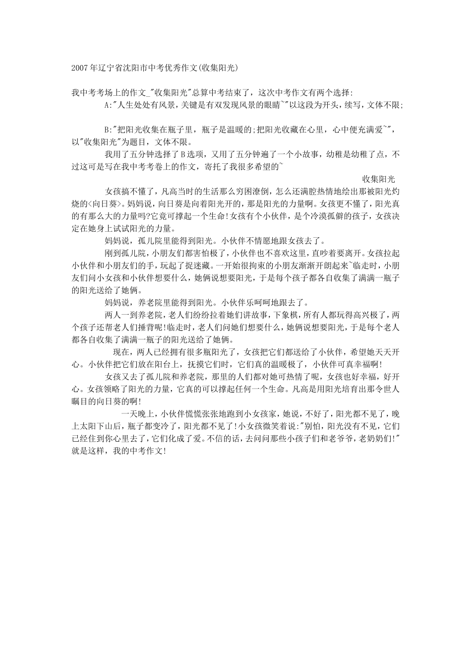 沈阳市中考满分作文-收集阳光_第1页