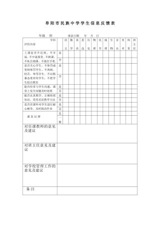 阜阳市民族中学学生信息反馈表