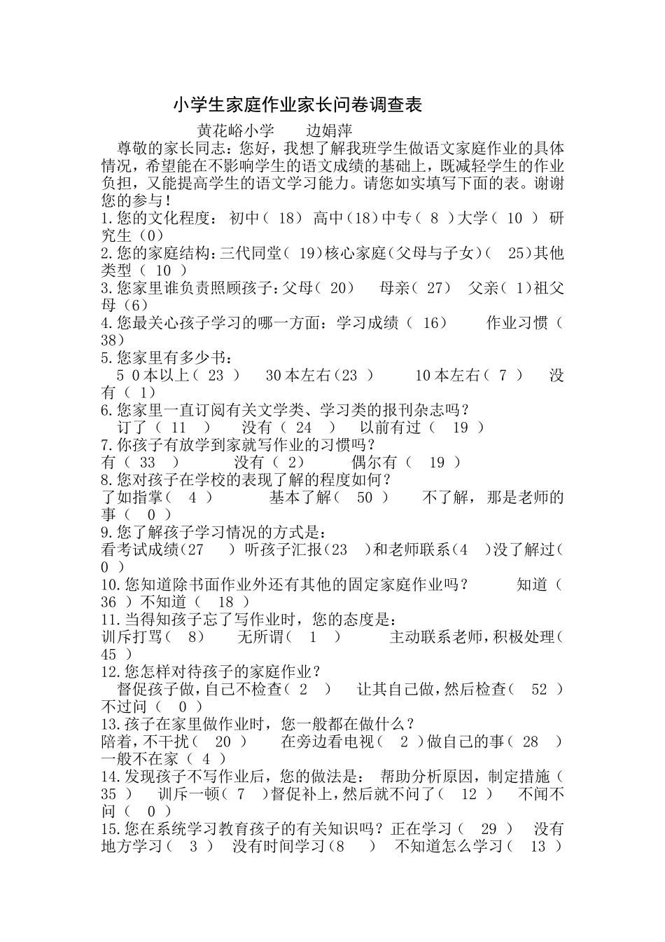 小学生家庭作业家长问卷调查表 (3)_第1页