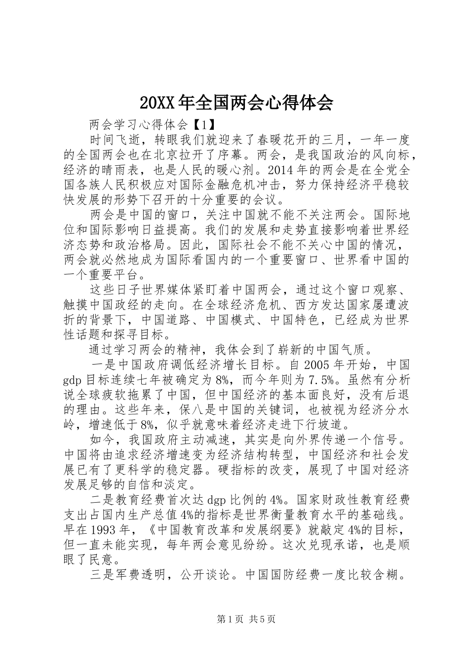 20XX年全国两会心得体会 (6)_第1页