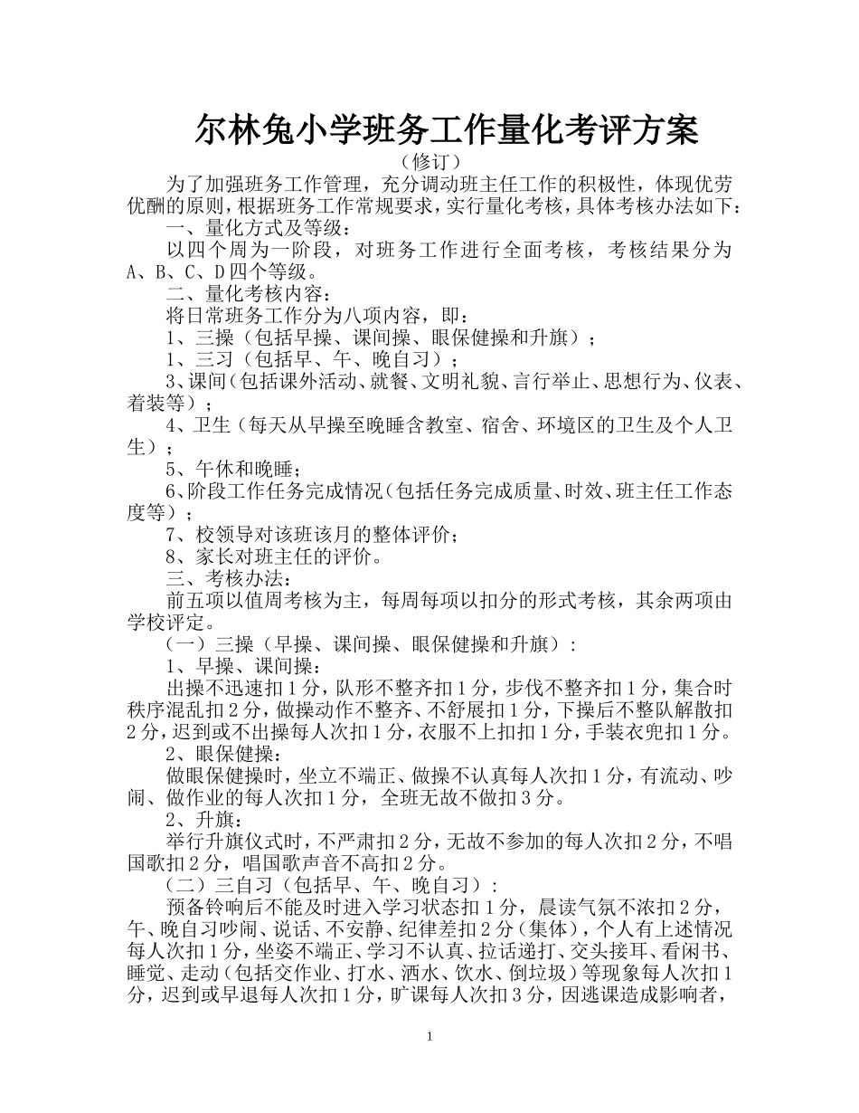 尔林兔小学班务工作量化考评条例(修订）_第1页