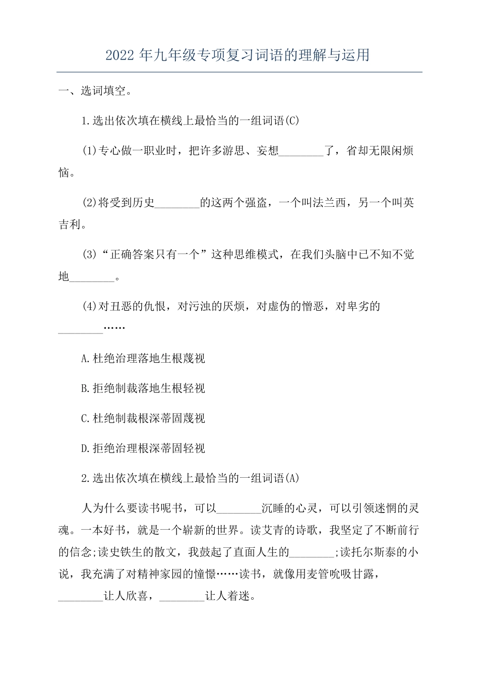 2022年九年级专项复习词语的理解与运用_第1页