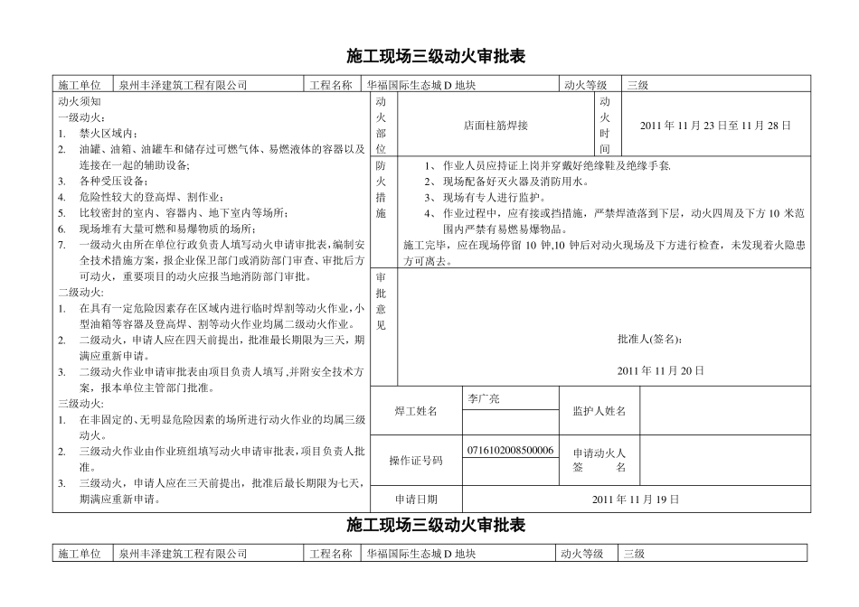 施工现场三级动火审批表_第1页