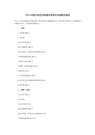 2014年四川省艺术类美术高考文化录取分数线