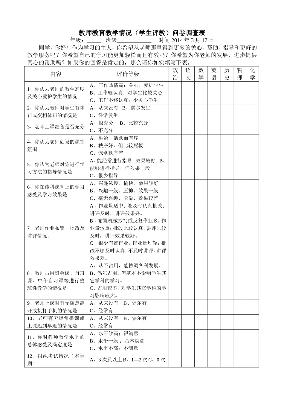 教师教育教学情况问卷调查表_第1页