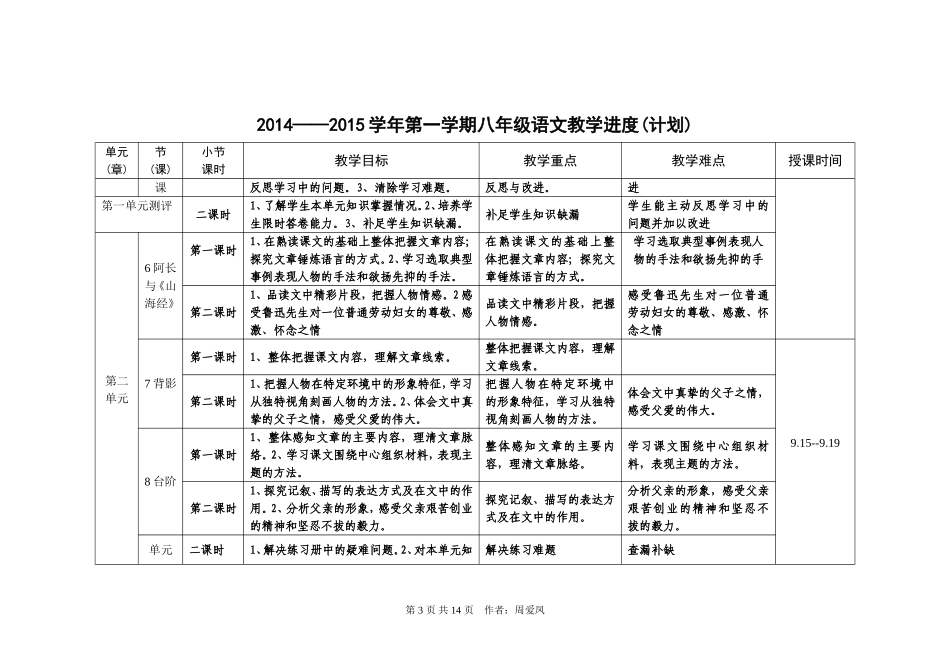 周爱凤八年级年级语文上册教学计划（进度表）_第3页