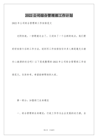 2024公司综合管理部工作计划