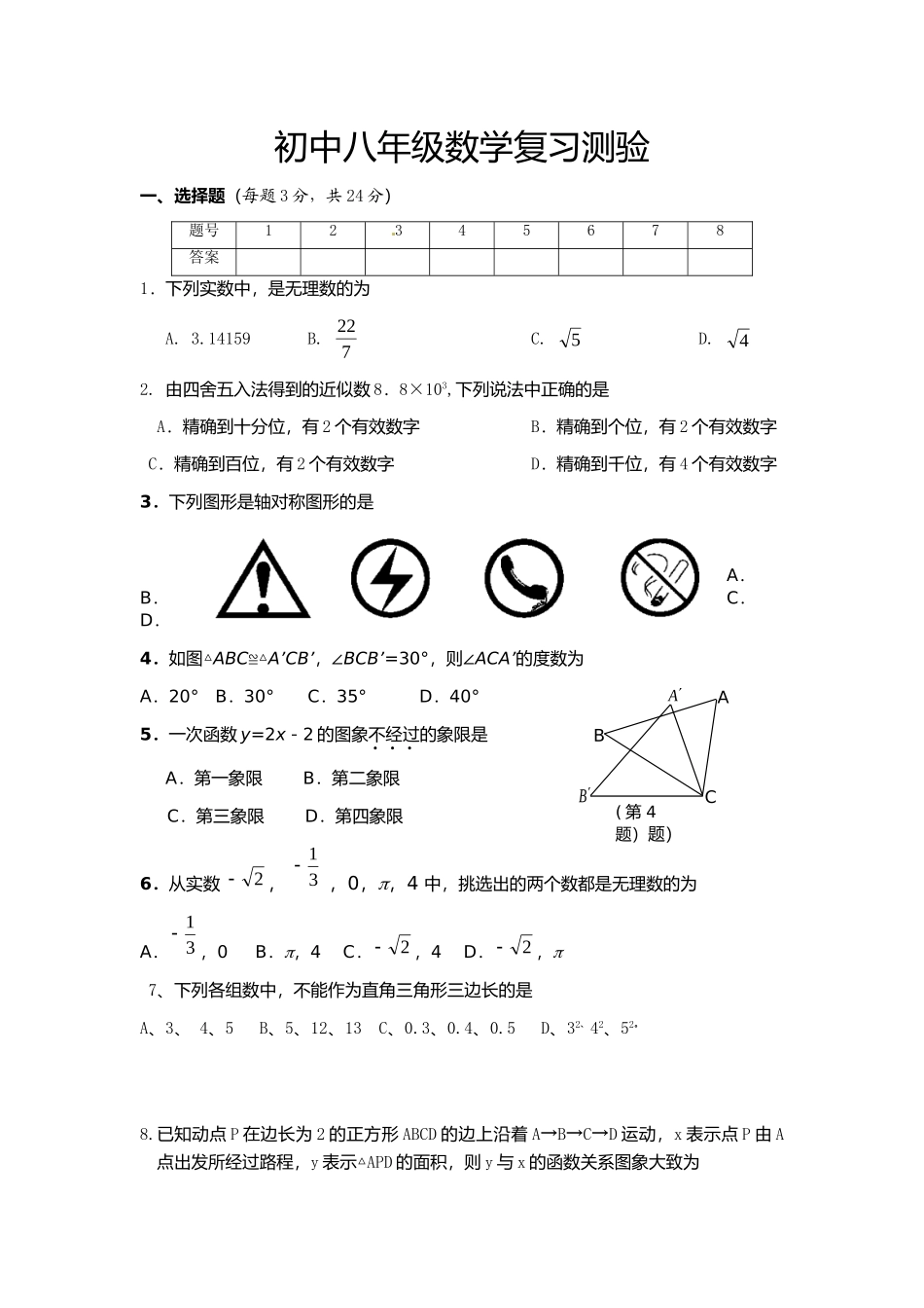 初中八年级数学复习测验_第1页