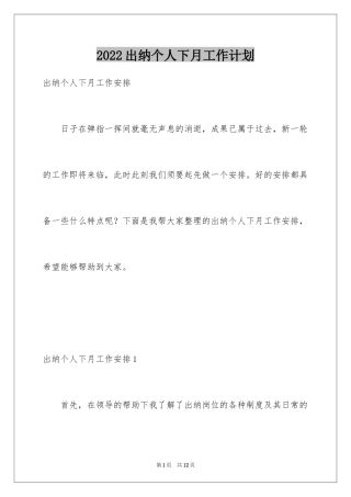 2024出纳个人下月工作计划