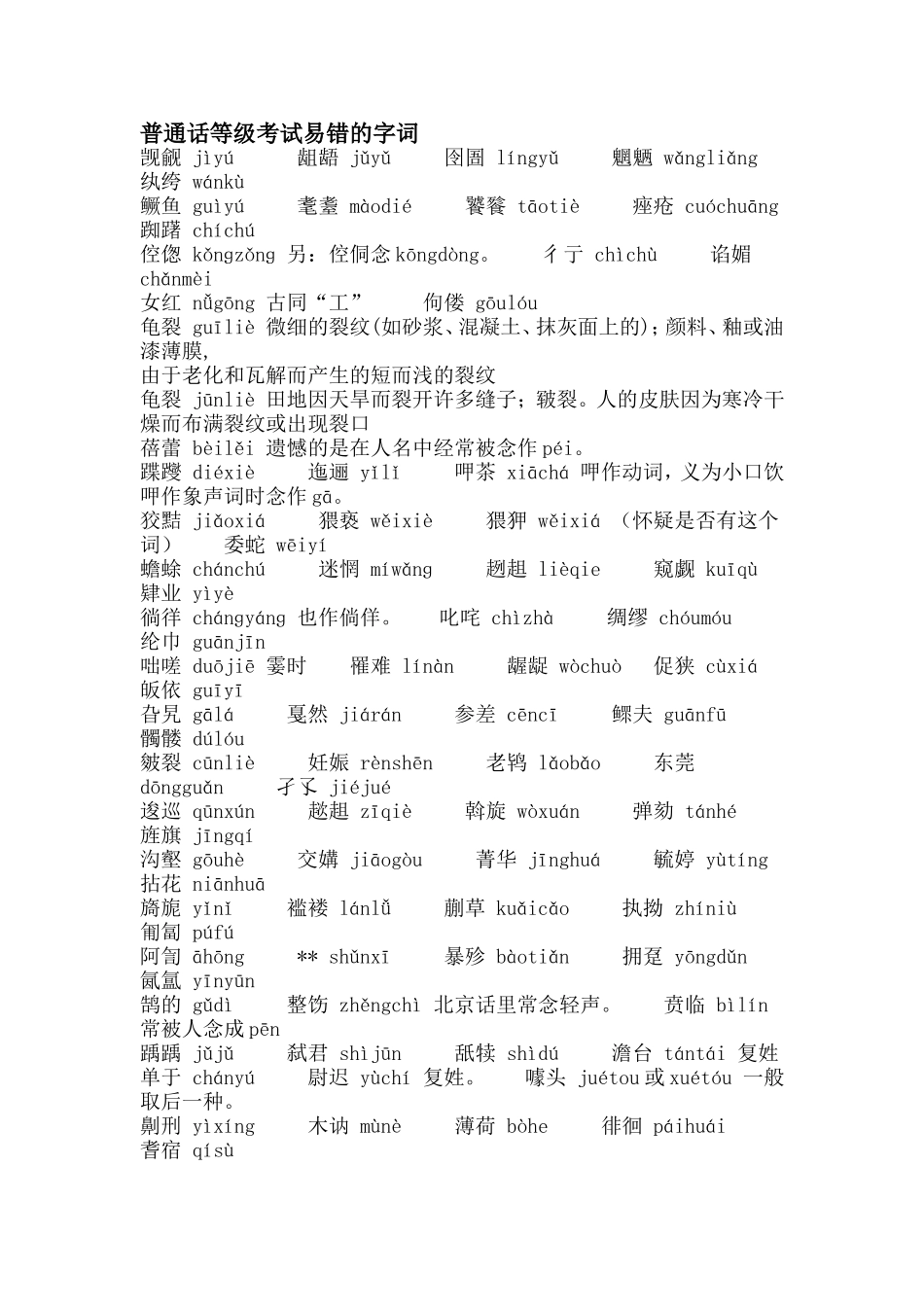 普通话等级考试易错的字词_第1页