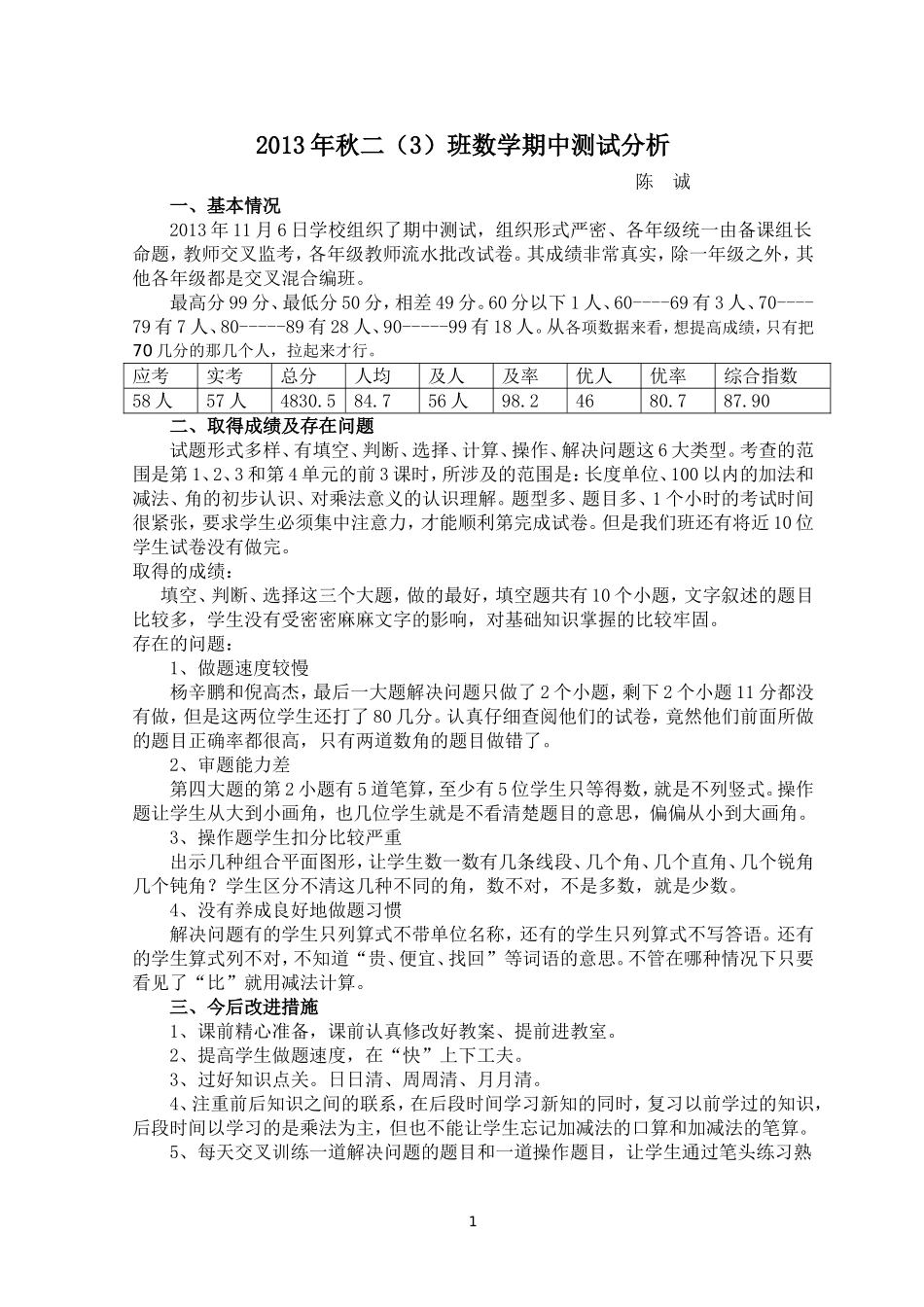 2013年秋二(3）班数学期中测试分析_第1页