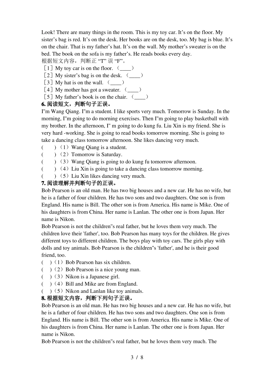 五年级湘少版英语下学期阅读理解专项习题_第3页