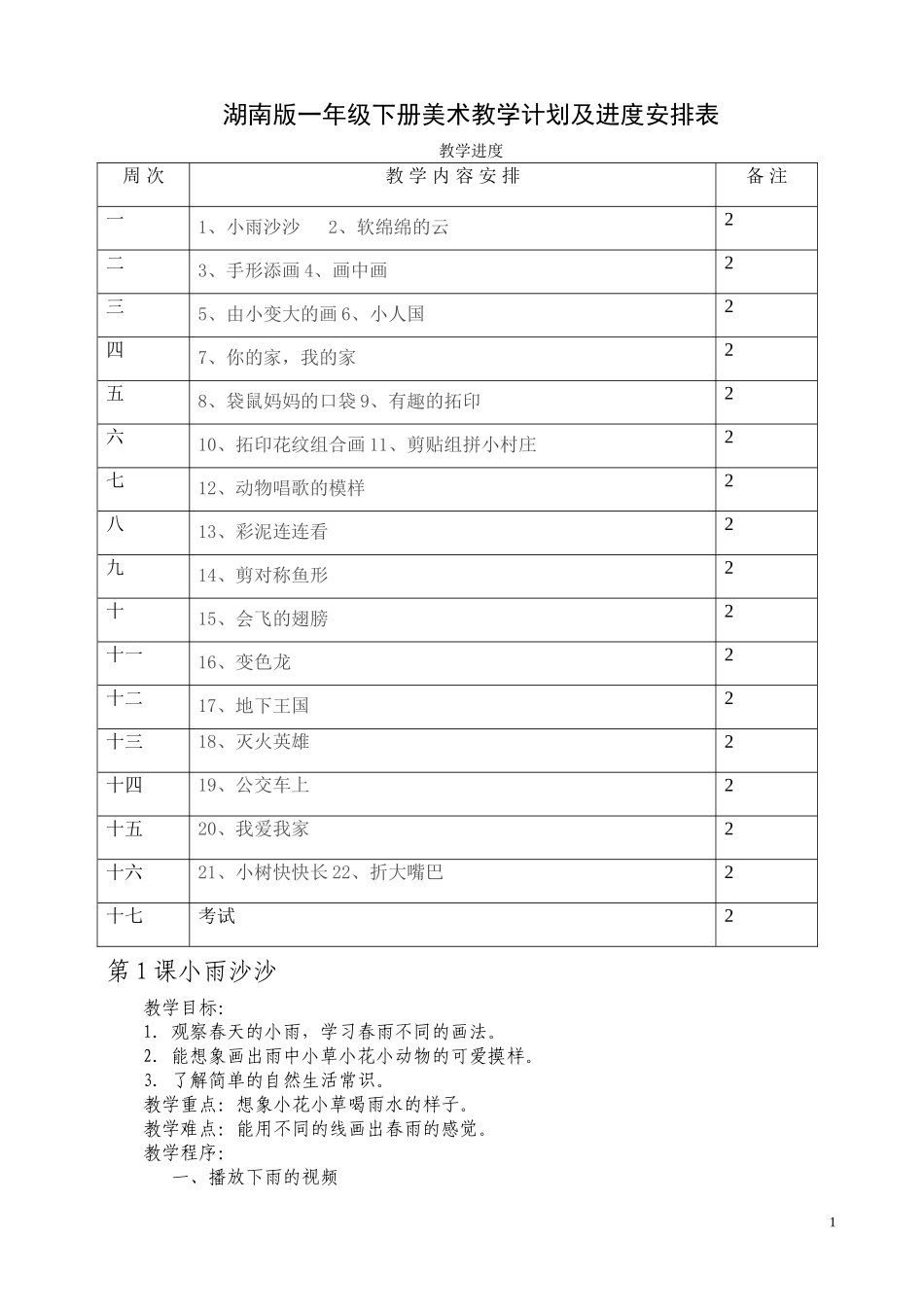 湖南美术出版社2013年一年级美术下册教案[1]_第1页
