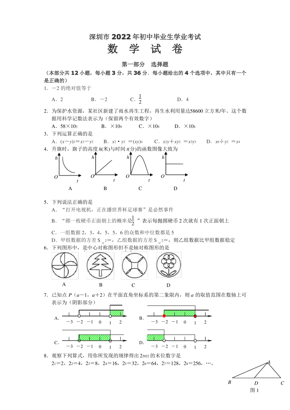 2022年深圳中考数学模拟试题及答案纯版_第1页