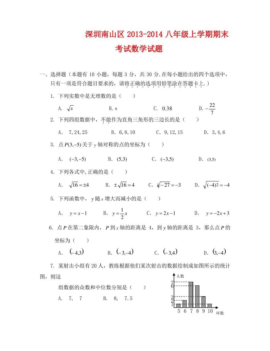 深圳南山区八年级上数学期末考试题_第1页