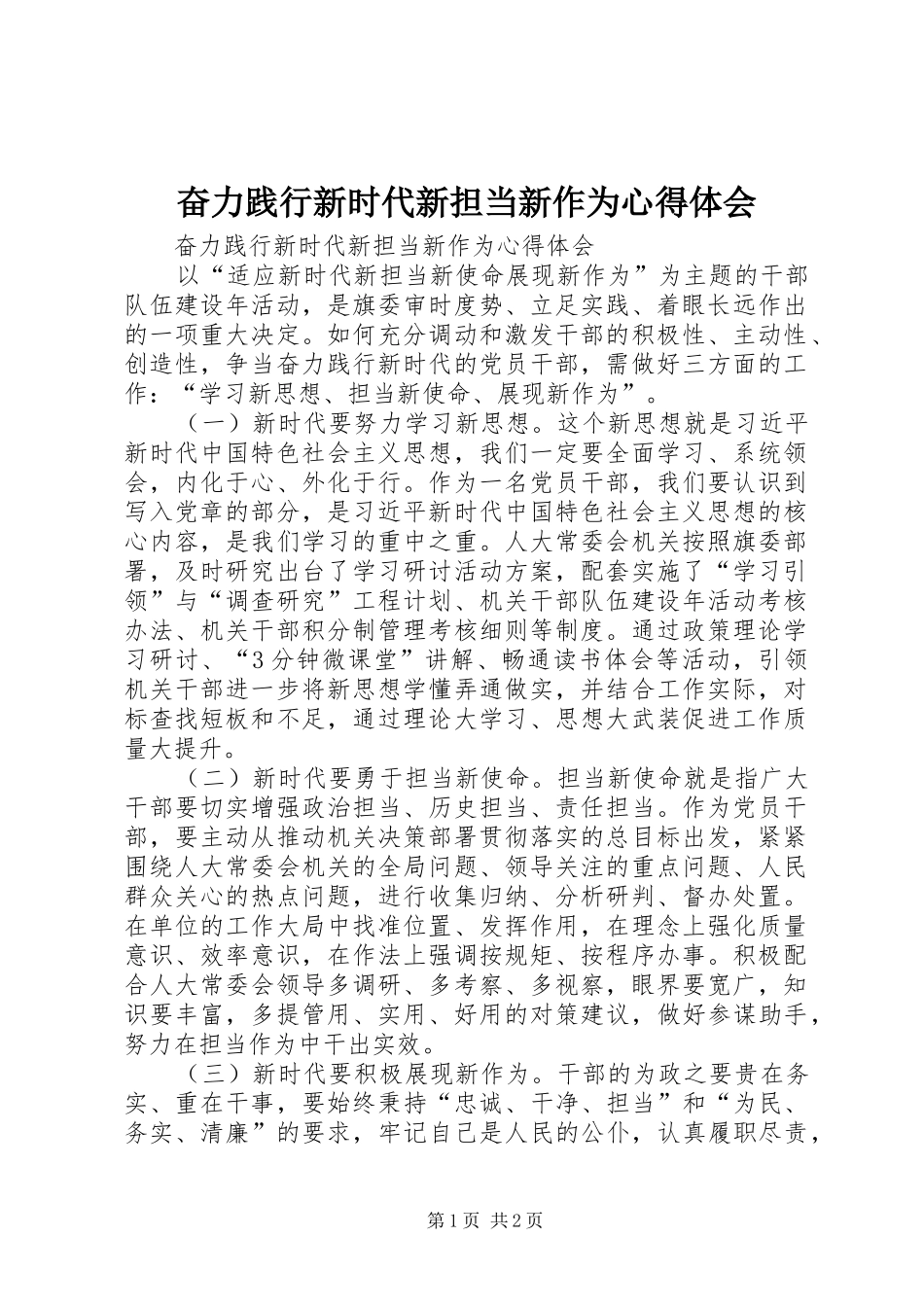 奋力践行新时代新担当新作为心得体会_第1页